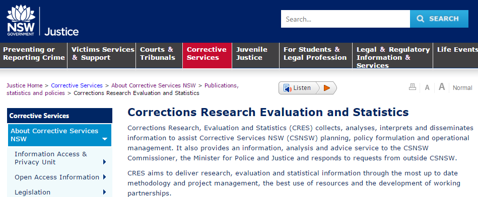 NSW Dept of Justice, Corrections Research Evaluation & Statistics (CRES) Research Publications