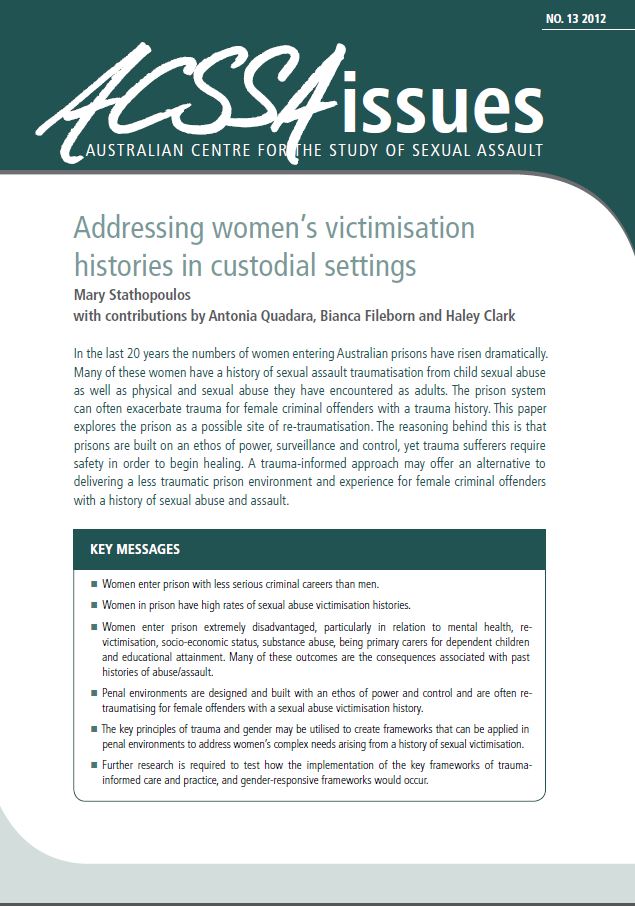 Australian Centre for the Study of Sexual Assault, Addressing women's victimisation histories in custodial settings, 2012