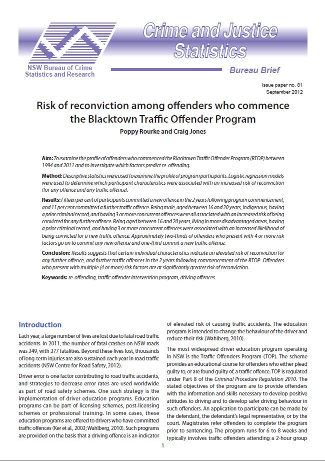 NSW Bureau of Crime Statistics and Research - Risk of reconviction of traffic offenders who participate in Traffic Offender Programs, Sept 2012