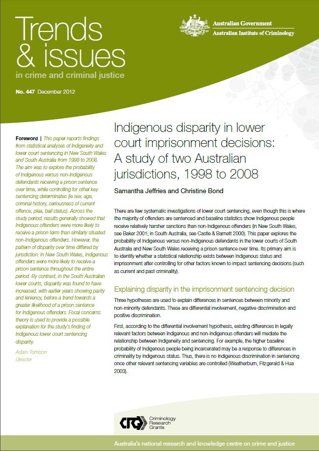 Australian Institute of Criminology - Indigenous disparity in lower court imprisonment decisions, Dec 2012