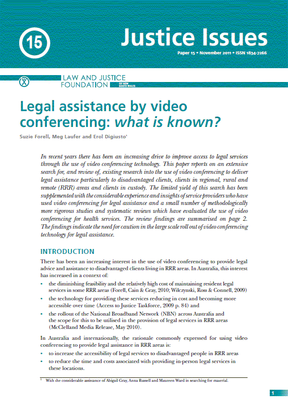 Law and Justice Foundation of NSW research on legal assistance via videoconferencing - Jusitce Issues
