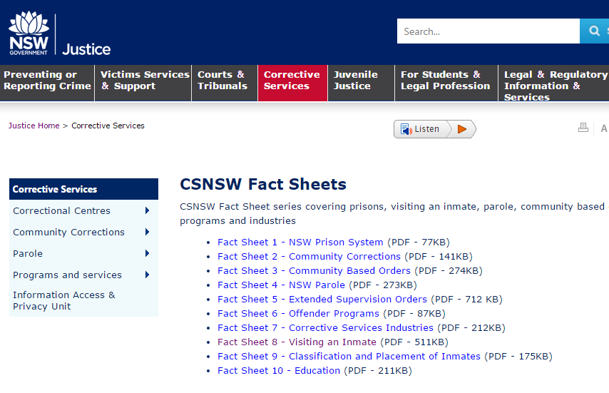 NSW Corrective Services Factsheets