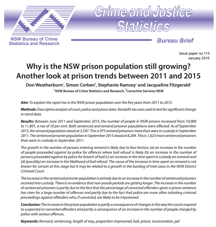 NSW Bureau of Crime Statistics & Research - Why is the NSW prison population still growing, January 2016